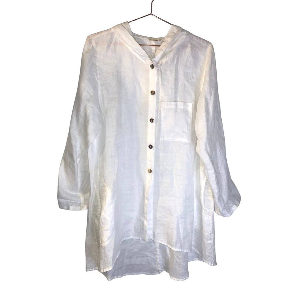 Kleen Womens White Lagenlook Hoodie Blouse Size S Oversized Beachy Summer Ramie